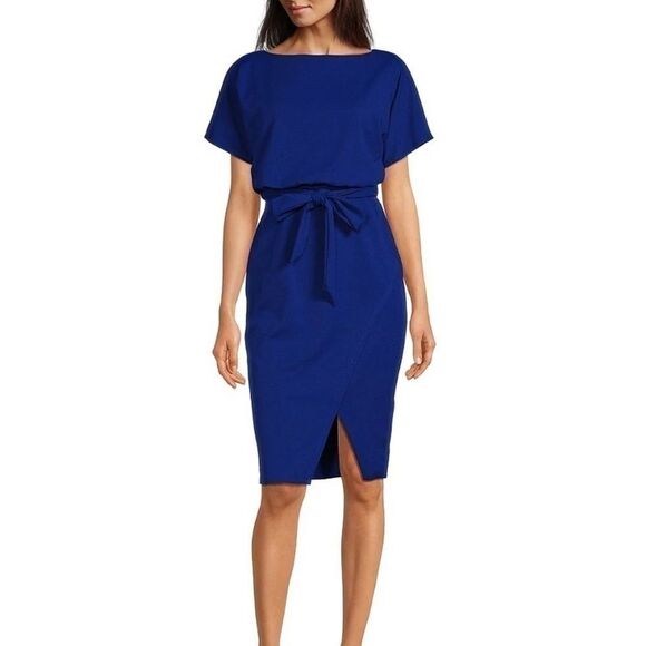 Kensie Textured Knit Boat Neck Self-Tie Waist Faux Wrap Blouson Dress size 0 - Picture 1 of 15